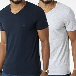 Bon marché 🔔 Lot De 2 Tee 👚 Shirts Col V 111648-CC722 Gris Bleu Marine de Emporio Armani 🔥